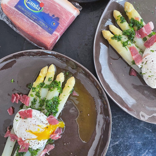 Poached eggs & Ganda ham asparagus