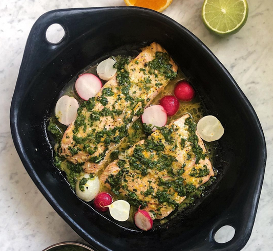 Roasted salmon w/ a citrus salsa verde