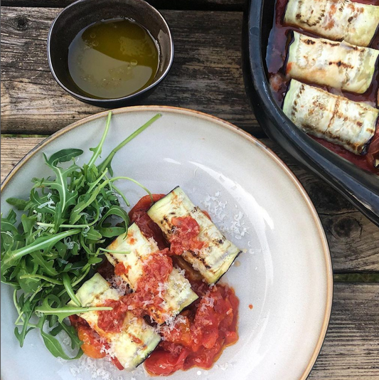 Ricotta and red pesto eggplant rollups