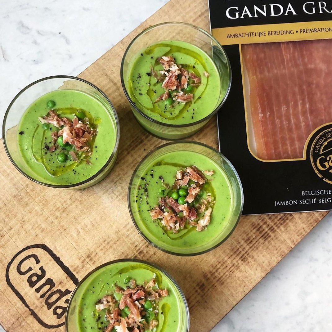 Cold pea gazpacho w/ Ganda ham