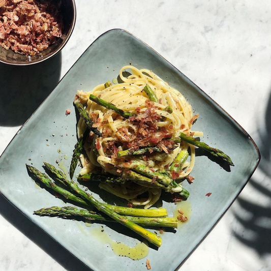 Creamy asparagus linguine w/ coppa