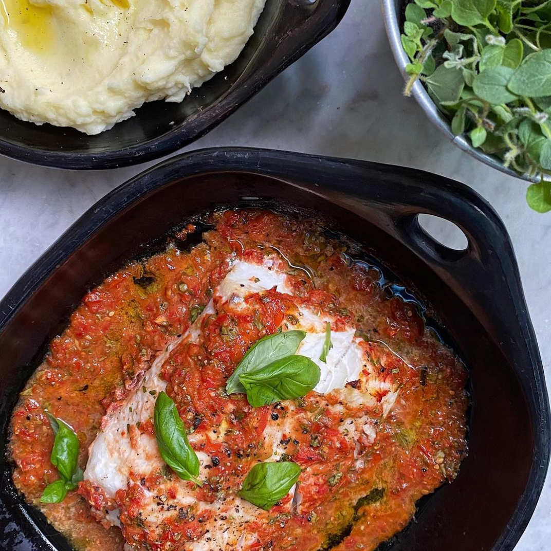 Oven baked codfish w/ basil and tomatoes