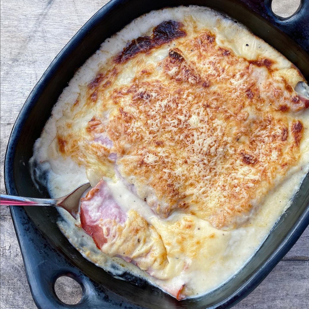 Oven baked chicory w/ ham and a cheesy sauce