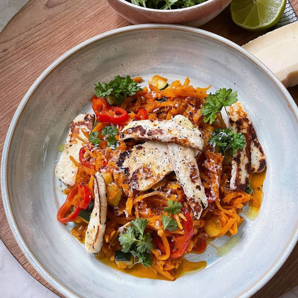 Butternut 'spaghetti' with halloumi