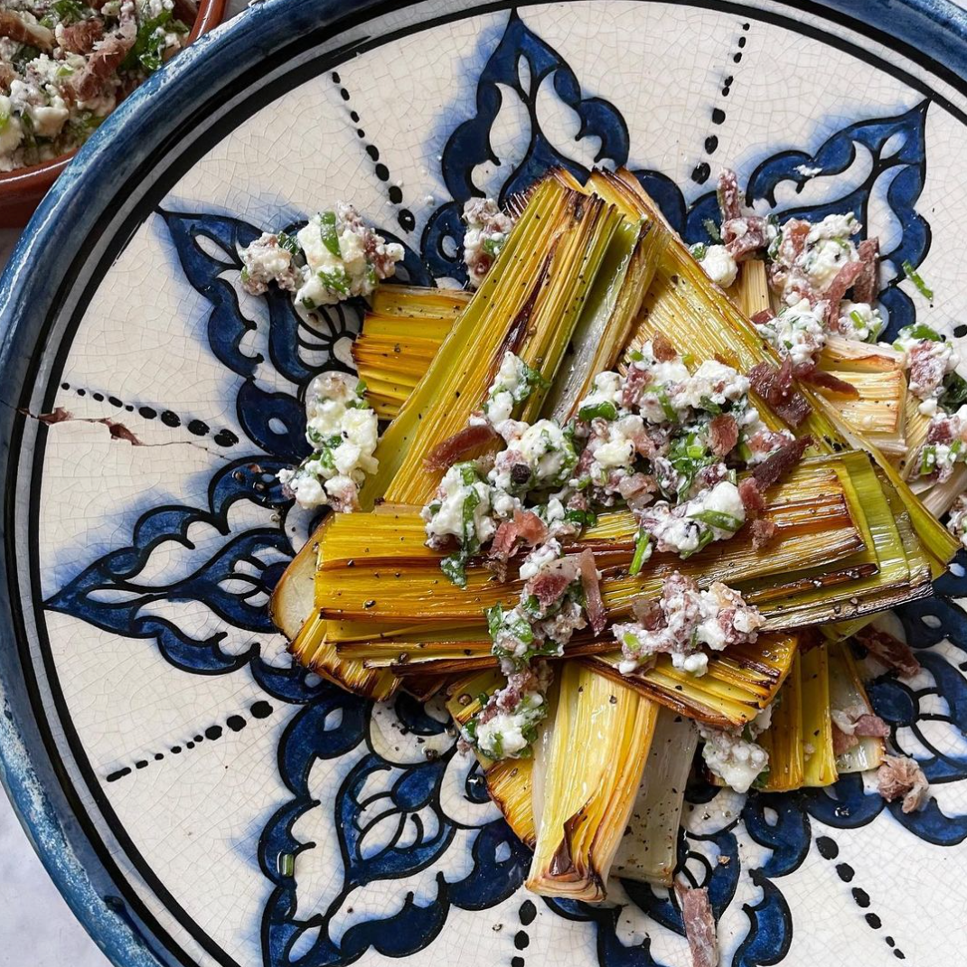 Grilled leeks w/ feta & Ganda ham