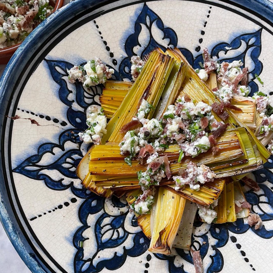 Grilled leeks w/ feta & Ganda ham