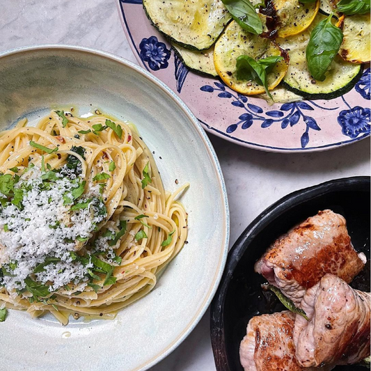 Saltimbocca w/ aglio e olio pasta