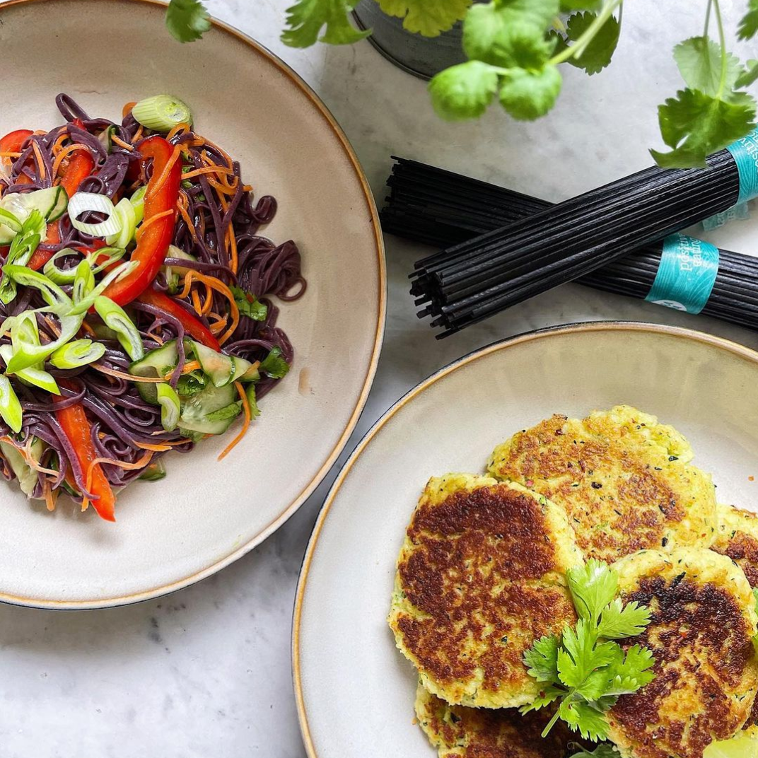 Surimi & zucchini burgers w/ a rice noodle salad