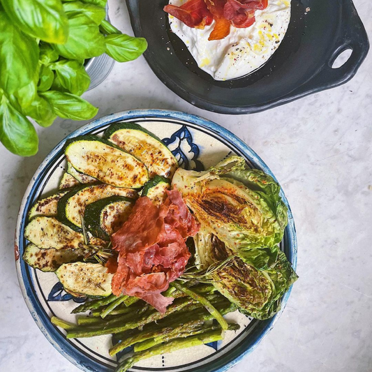 Grilled veggies w/ crispy ham and burrata