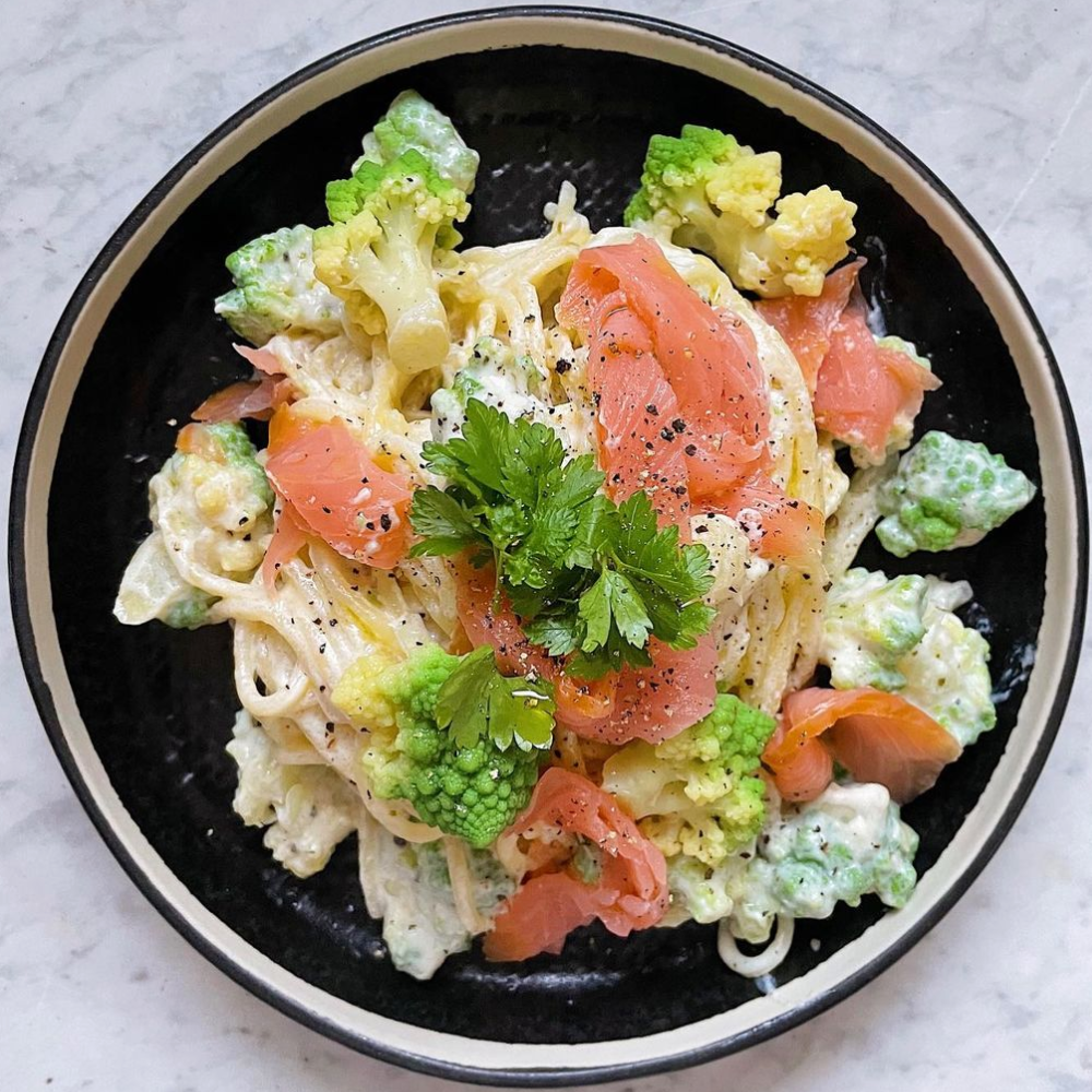 Romanesco & smoked salmon spaghetti