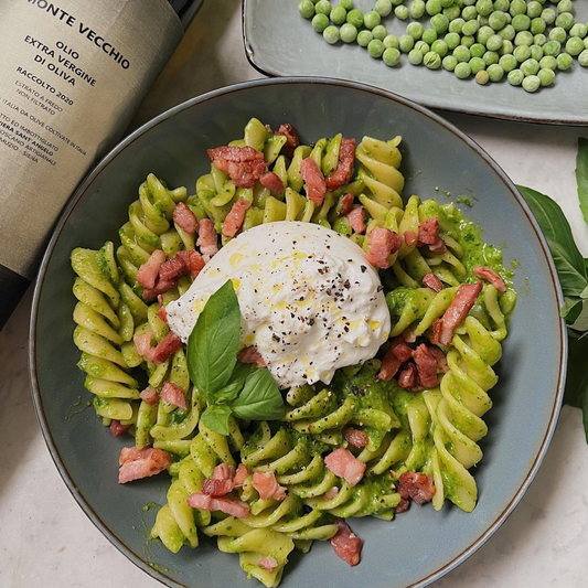 Pea pesto pasta w/ bacon and burrata